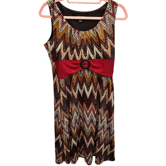 Perceptions New York Brown Chevron Sleeveless Dress Red Belt - M - Picture 1 of 4